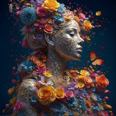 Life and freedom and hope concept , Imagination of surreal scene flower with broken human sculpture, digital artwork illustration Generative AI