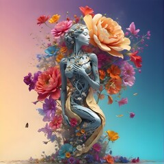 Life and freedom and hope concept , Imagination of surreal scene flower with broken human sculpture, digital artwork illustration Generative AI