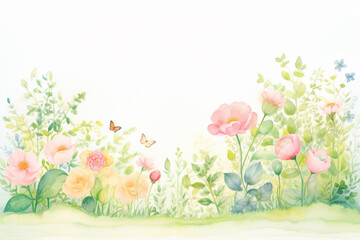 A lush green garden complete with roses, hydrangeas, and poppies blooming , cartoon drawing, water color style