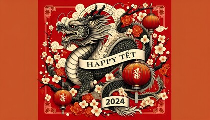 Happy tet, vietnamese lunar new year 2024 celebrating year of the dragon.