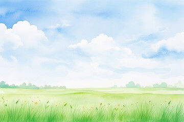 Fototapeta na wymiar A lush green meadow under the blue sky with cumulus clouds , cartoon drawing, water color style