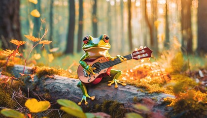 A frog plays the guitar in the forest