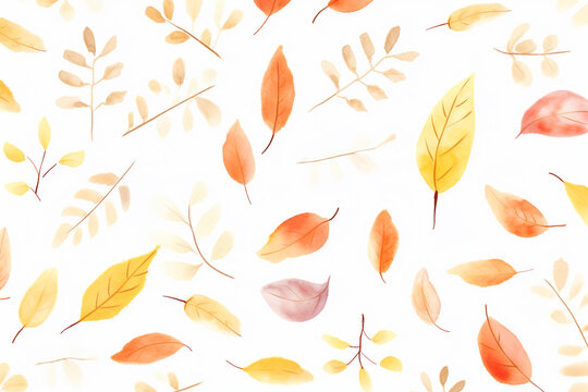 A pattern of fallen autumn leaves scattered randomly , cartoon drawing, water color style