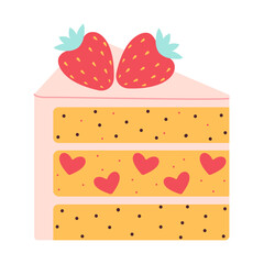 Cute hand drawn Strawberry Cake Piece with berries and hearts. Trendy flat vector illustration. sweet food dessert cartoon. isolated on white background for birthday party, Valentine day. 