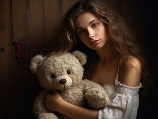 Woman in White Dress Holding Teddy Bear