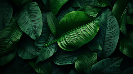 Lush Green Tropical Leaves Pattern, dense and lush pattern of green tropical leaves creates a soothing and natural backdrop with a focus on texture and light play - obrazy, fototapety, plakaty