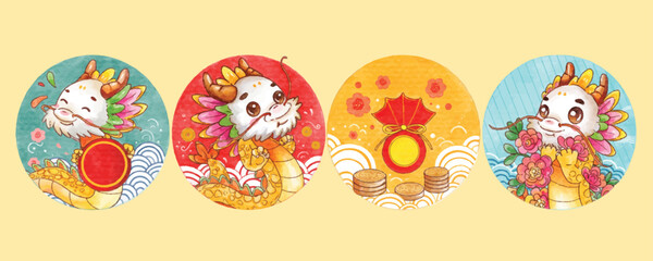 Chinese New Year, year of the Dragon banner design with cute lion and dragon cartoon.