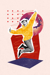 Vertical collage creative poster monochrome effect excited happy young lady jump take selfies smartphone disco ball colorful template