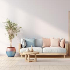 modern calm living room with sofa and mockup for painting, empty space for text 