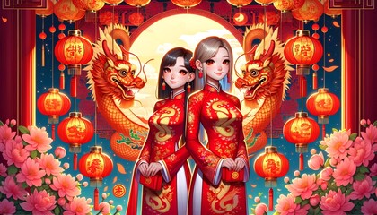 Cartoon illustration for the vietnamese lunar new year 2024 ,celebrating the year of the dragon.