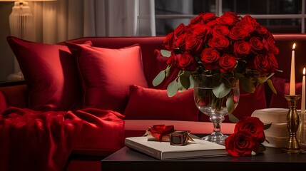 Luxurious Comfort with a Bouquet of Red Roses,volumetric lighting