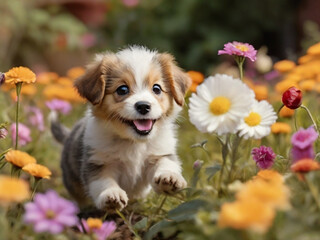 Cute small puppy running on sunny summer meadow of flowers