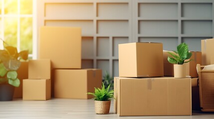 Move concept. Cardboard boxes and cleaning things for moving into a new home. Cardboard boxe background.

