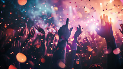 Night concert confetti fireworks. A vibrant image captures the electrifying moment of colorful confetti illuminating the sky, adding an extra layer of excitement to the music-filled atmosphere.