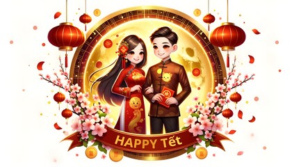 Illustration for the vietnam lunar new year celebration in a cartoon anime style.