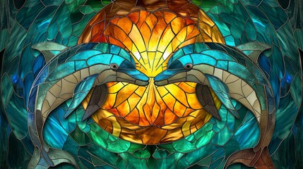 Stained glass window background with colorful dolphin abstract.