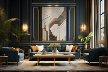 A luxurious Art Deco living room with geometric pattern