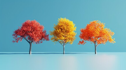 High visibility colored trees  on blue background,3D, Trees stand ing, space for text 