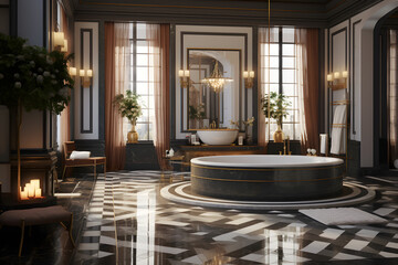 A luxurious spa room with Art Deco style mosaic tile floor