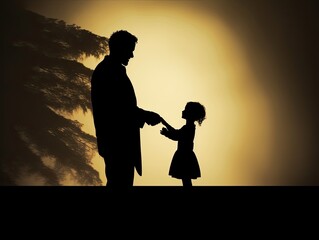 Silhouette of a Man Holding a Little Girls Hand at Sunset