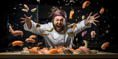 Excited chef in action, food flying around, kitchen chaos. dynamic cooking process captured. high energy culinary scene. perfect for advertising and editorial use. AI