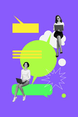 3d retro abstract artwork template collage of funny employee girls online office communication message weird freak bizarre unusual fantasy