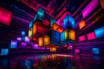 Within an abstract dreamscape, a gravity-defying cube hovers amidst a surreal expanse of colors and shapes. 

