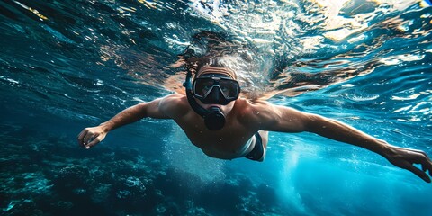 Underwater adventure with a snorkeler exploring the serene blue ocean. dynamic angle captures the essence of aquatic exploration. AI