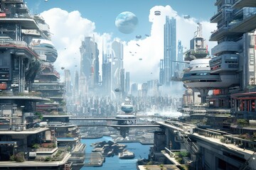 Futuristic smart city with towering buildings, Futuristic cityscape creative concept illustration with fantastic skyscrapers, towers, tall buildings, Ai generated