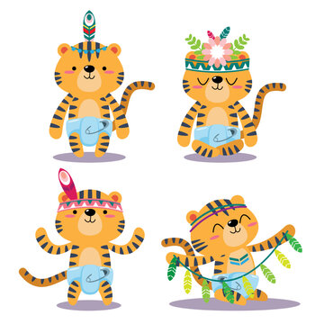 Cartoon Tribal forest animal character. cute Indian animals. cute baby tiger