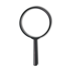 Magnifying glass isolated in transparent background with shadow. Lens cutout make it transparent to object behind. Magnification and object enlarge concept.