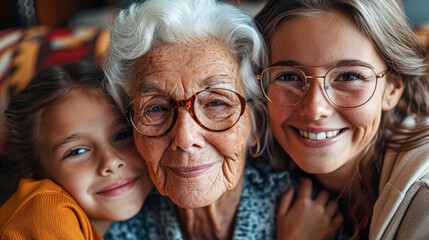 Three Generations of Women Smiling Together.A heartwarming portrait of three generations of women - a child, her mother, and grandmother, sharing a joyful moment, radiating happiness and family unity. - obrazy, fototapety, plakaty