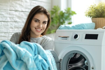 Smiling young woman holding a heap of blue clean clothes. Housewife in laundry room near the washing machine. Spring cleaning, female housework and routine concept. Design for banner, poster