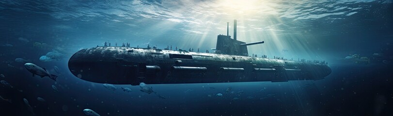 .A naval submarine navigating the open sea. - obrazy, fototapety, plakaty