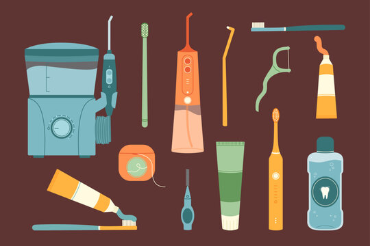 Teeth health care set. Collection of oral hygiene cleaning tools toothpaste, toothbrush and dental floss. Flat vector isolated illustration