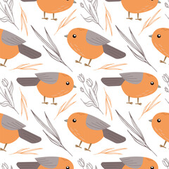 Vector pattern illustration, spring , summer bird ,colorful with flower elements on white background
