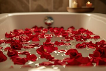 A hotel bathtub filled with rose petals. Rose petals in a spa. Flowers in water