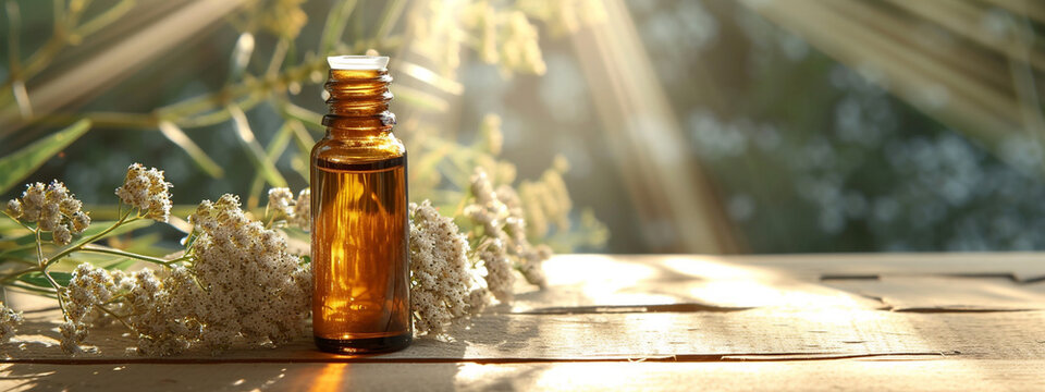 jar with yarrow essential oil extract on a wooden background