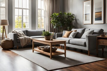 Australian Tonal-ism Delight - Cozy Living Room with Grey Sofa and Wooden Table