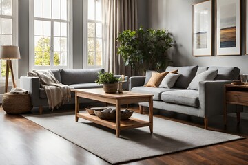 Fototapeta premium Australian Tonal-ism Delight - Cozy Living Room with Grey Sofa and Wooden Table
