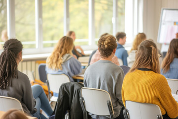 High school students focused in class, attentive teenagers listening to teacher, classroom learning moment, engaged students during lecture, school lecture scene, teenage classmates paying attention.