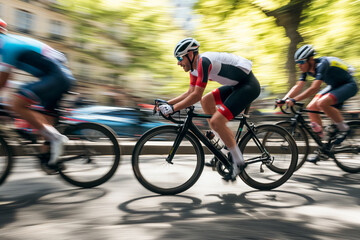 Blurred Motion of Cyclists Racing in City
