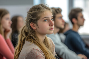 Joyful teenage girl learning in high school classroom, making eye contact with the camera. The image captures a positive and engaged student, radiating happiness and enthusiasm for education.