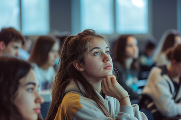 High school students focused in class, attentive teenagers listening to teacher, classroom learning moment, engaged students during lecture, school lecture scene, teenage classmates paying attention.