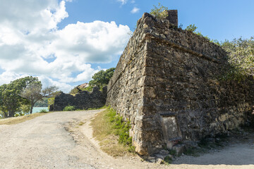 Stone walls surrounding Fort James on the Caribbean island of Antigua.