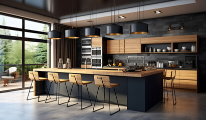 modern kitchen with wood bar island