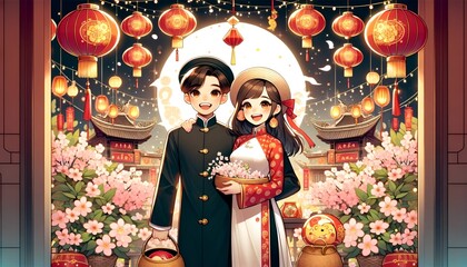 Tet, the Vietnamese Lunar New Year celebration, in a  anime style.