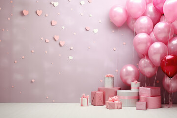 Birthday party background, pink and golden balloons and gifts, romantic Valentine card