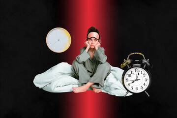 Creative poster collage of sad irritated female insomnia cant sleep pajama time clock wake up early weird freak bizarre unusual fantasy - obrazy, fototapety, plakaty