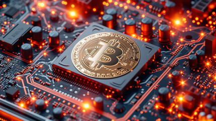 Bitcoin over a microprocessor in a motherboard. 3d render banner illustration.  Generative AI